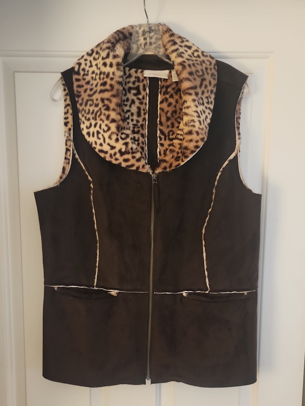 Chico's Black Faux-Suede Vest with Leopard-Print Collar